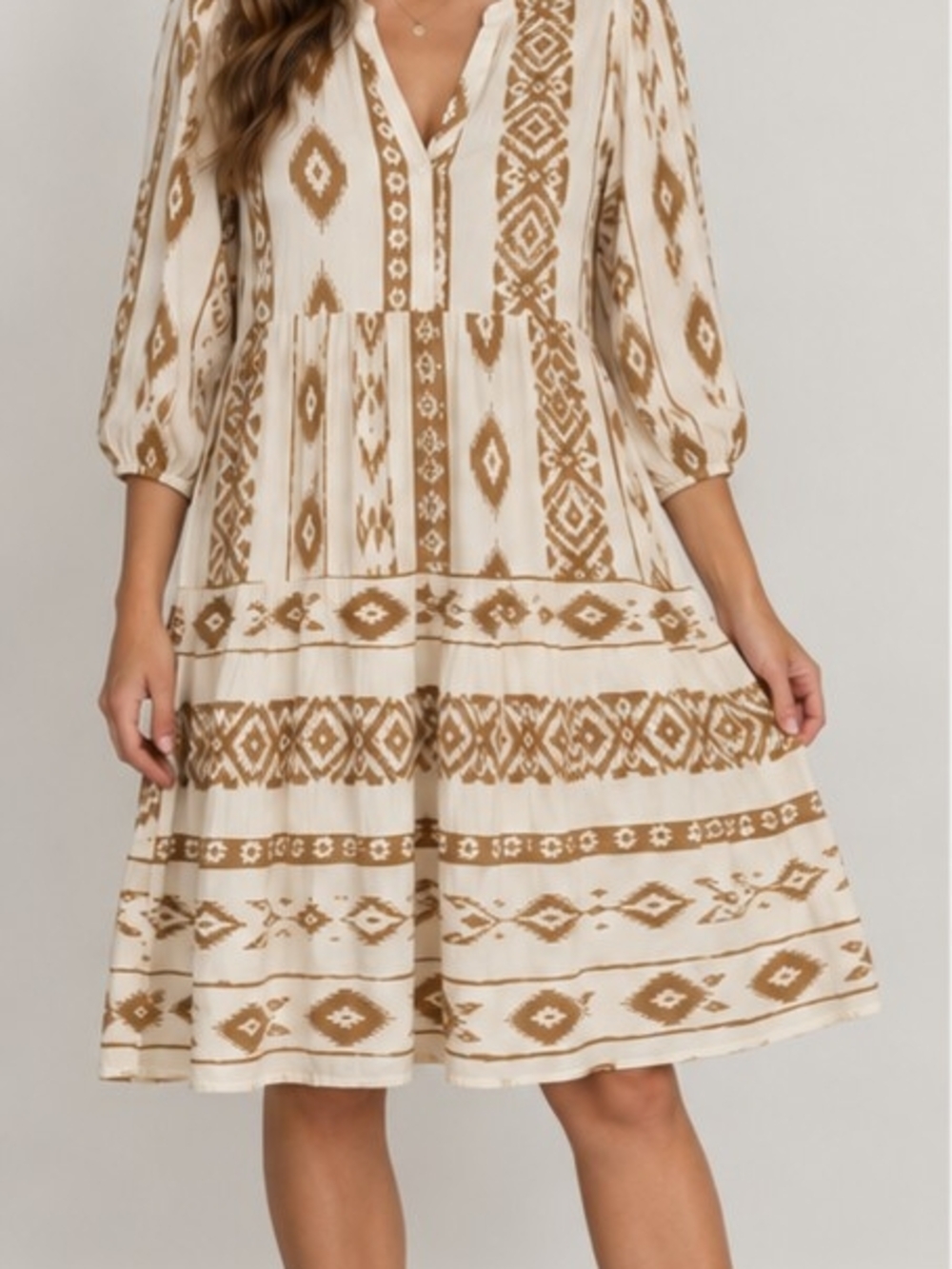 Mlle Gabrielle Dress Women’s L Cream Brown Boho Ikat Tiered Rayon Midi